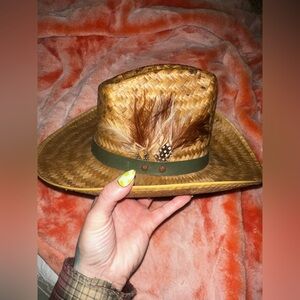 Hand Woven Straw Cowboy Hat  Green Leather Band Featuring Feathers